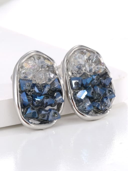 H02174 Blue Brass Natural Stone Oval Trend Stud Earring