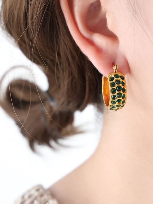 F864 Gold Green Diamond Earrings Titanium Steel Cubic Zirconia Geometric Trend Hoop Earring
