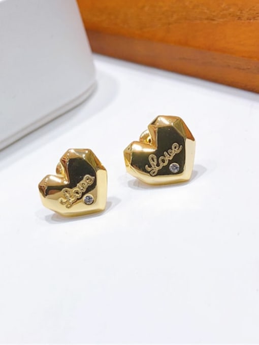 H00308 gold Brass Rhinestone Heart Vintage Stud Earring