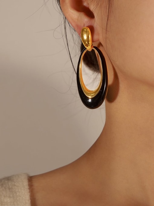 F412 Gold Black Glazed Earrings Brass Enamel Geometric Trend Drop Earring