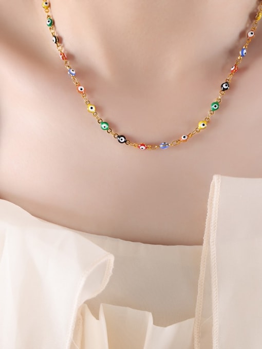 Colorful Oil Dropping Gold Necklace Titanium Steel Enamel Minimalist Evil Eye Bracelet and Necklace Set
