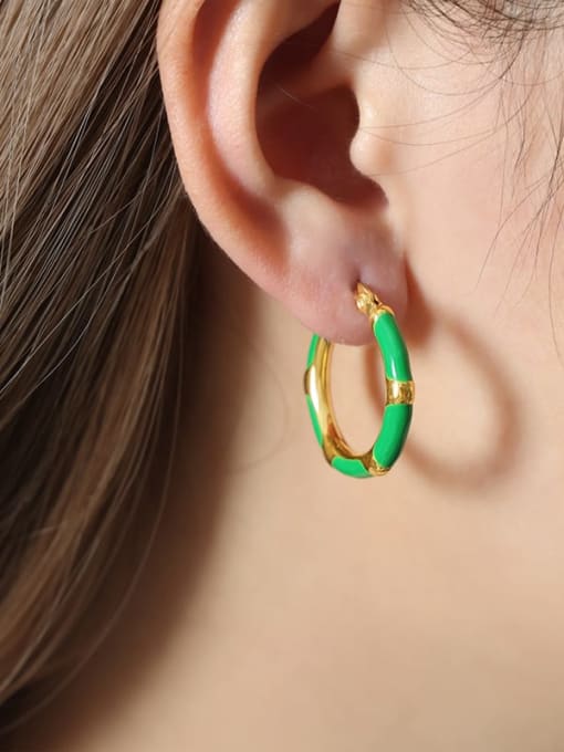 F1185 Green Glazed Gold Earrings Titanium Steel Enamel Geometric Trend Hoop Earring
