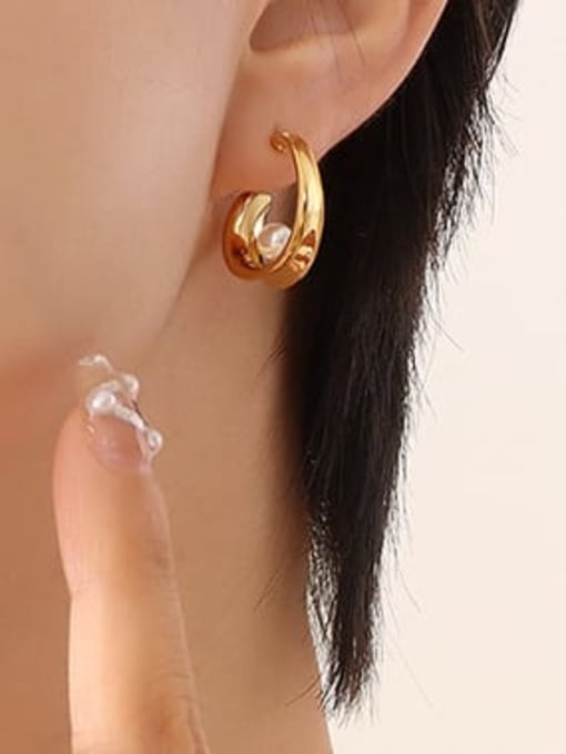 F187 Gold Earrings Titanium Steel Imitation Pearl Geometric Minimalist Stud Earring