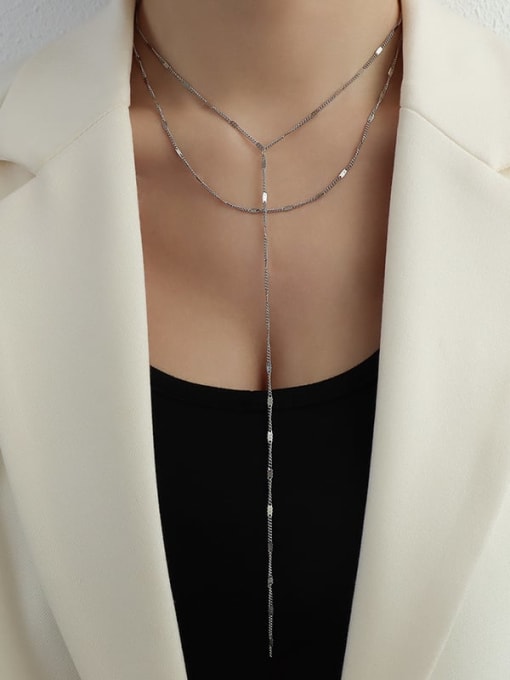 Long and short suit steel color Titanium 316L Stainless Steel Tassel Minimalist Lariat Necklace with e-coated waterproof