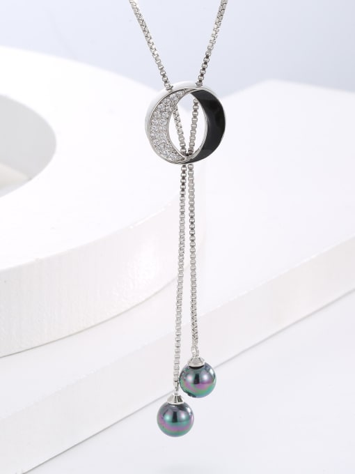 H00734 steel color Brass Cubic Zirconia Enamel Tassel Long Strand Necklace