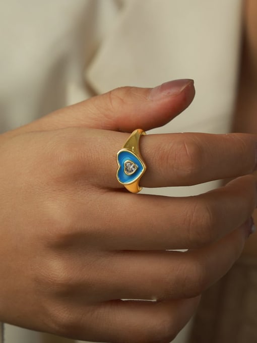 A733 Golden Blue Glazed Ring Brass Enamel Heart Trend Band Ring