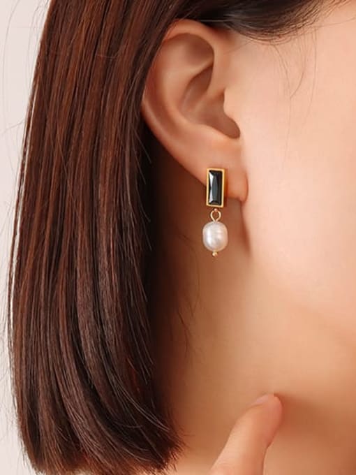 F372 Gold Black Zircon Earrings pair Titanium Steel Imitation Pearl Geometric Trend Drop Earring
