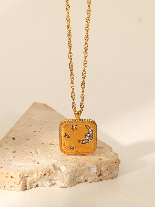 J&D Stainless steel Rhinestone Vintage  square Pendant Necklace