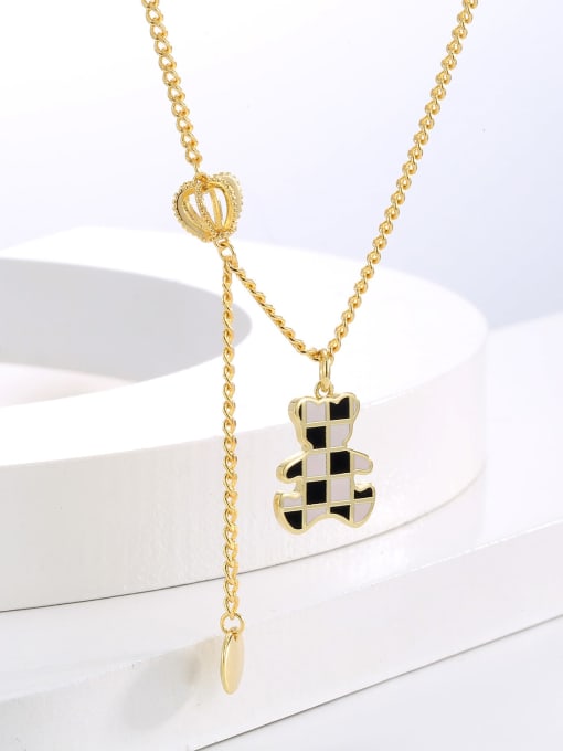H00633 Gold Brass Enamel Bear Dainty Tassel Necklace