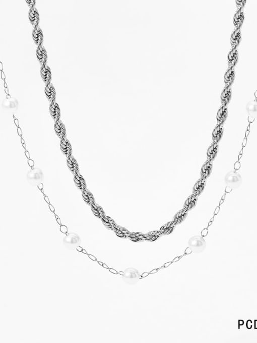 PCD869 Platinum Stainless steel Freshwater Pearl Geometric Dainty Multi Strand Necklace