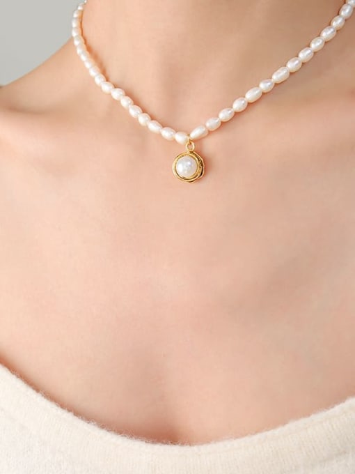 P1307 Freshwater Pearl Necklace 38+ 7cm Titanium Steel Imitation Pearl Geometric Vintage Necklace