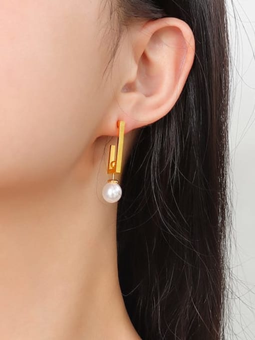 F512 Gold Earrings Titanium Steel Imitation Pearl Geometric Hip Hop Huggie Earring