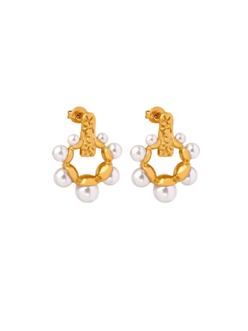 F1331 Gold Earrings Titanium Steel Imitation Pearl Geometric Hip Hop Drop Earring
