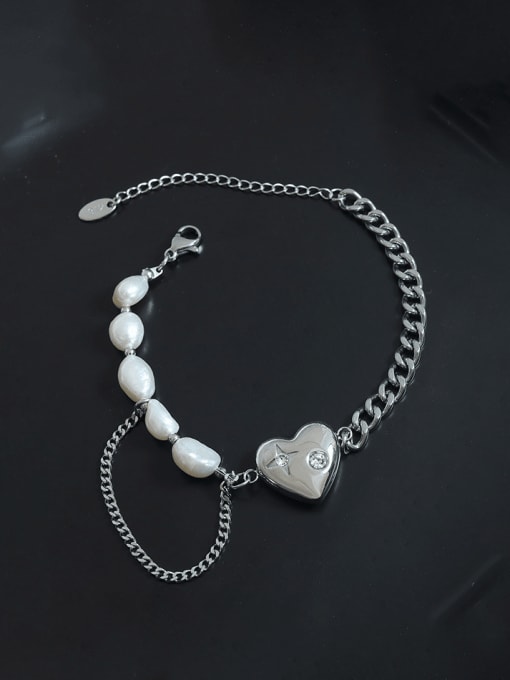 MAKA Titanium Steel Freshwater Pearl Vintage Heart Bracelet and Necklace Set 1