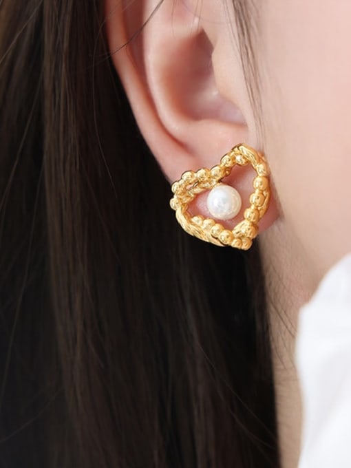 F959 Gold Earrings Brass Imitation Pearl Asymmetrical  Heart Vintage Stud Earring