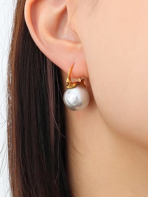 F369  Grey Pearl Earrings Gold Titanium Steel Imitation Pearl Geometric Vintage Huggie Earring