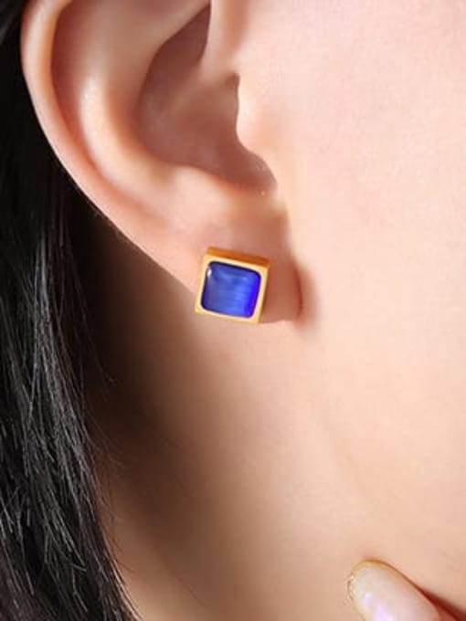 F097 Blue Gold Earrings Titanium Steel Tiger Eye Geometric Minimalist Stud Earring
