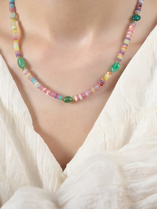 P1691 Colorful Beaded Necklace 42 +7cm Titanium Steel Natural Stone Geometric Vintage Necklace
