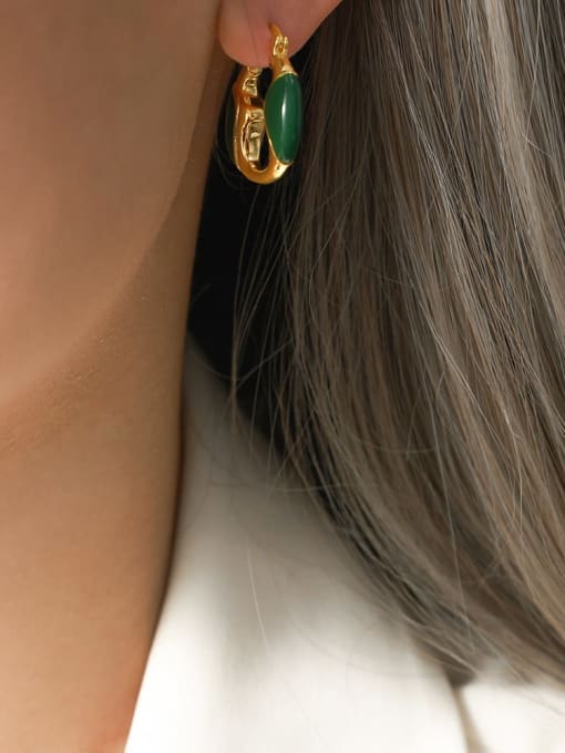 F298 Green Glazed Earrings Brass Enamel Geometric Trend Stud Earring