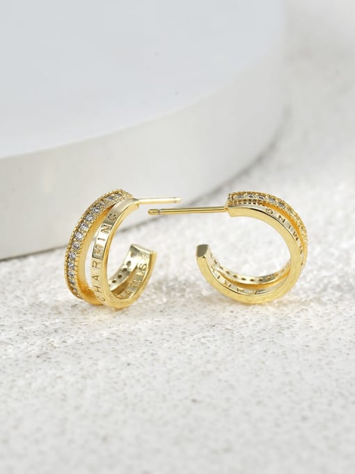 H00350 Gold Brass Cubic Zirconia Geometric Vintage Stud Earring