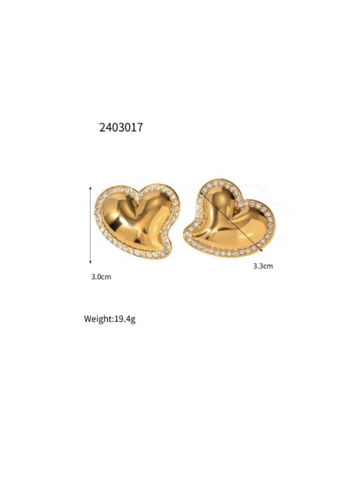 JDE2403017 gold Stainless steel Cubic Zirconia Heart Hip Hop Stud Earring