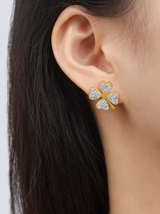 F1375 Gold Czech Diamond Earrings Titanium Steel Enamel Minimalist Clover  Earring Bracelet and Necklace Set