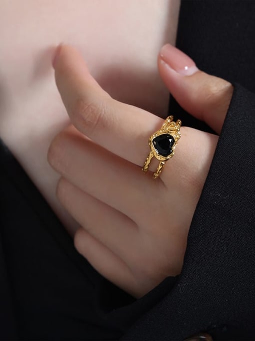 A505 Black Glass Stone Gold Ring Titanium Steel Cubic Zirconia Heart Minimalist Band Ring