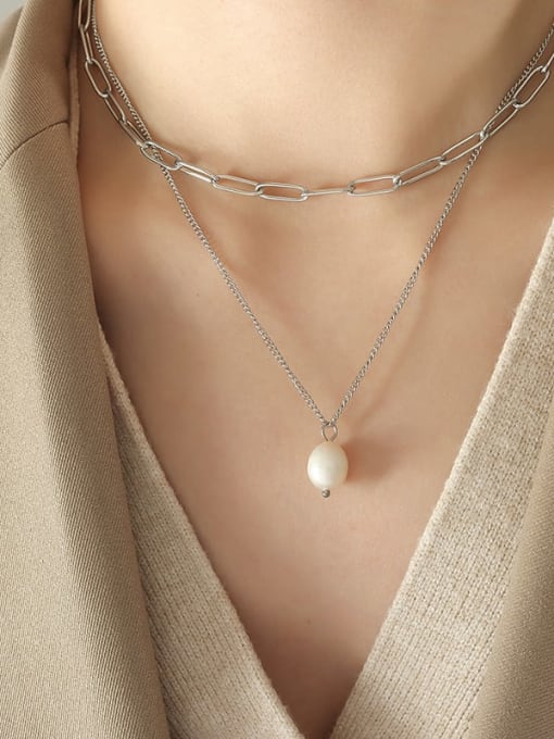 Steel double layer necklace Titanium Steel Freshwater Pearl Geometric Minimalist Multi Strand Necklace