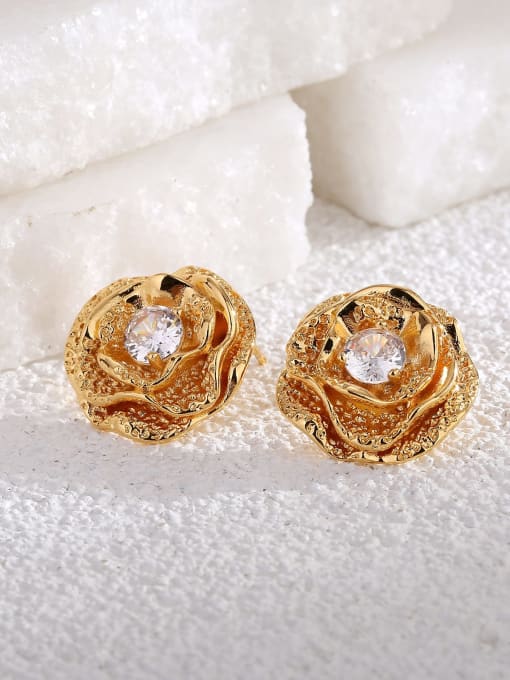 H01616 Gold Brass Cubic Zirconia Flower Dainty Stud Earring