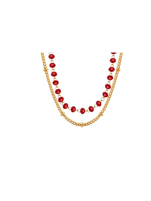 MAKA Titanium Steel Glass beads Red Geometric Vintage Multi Strand Necklace 0