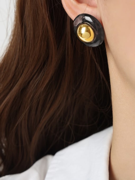 F1167 Smoke Grey Earrings Brass Resin Geometric Vintage Stud Earring