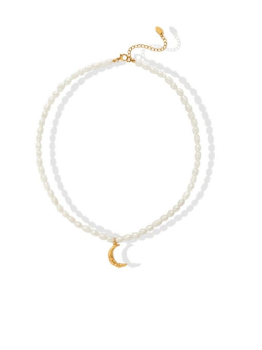P735 freshwater Bead Necklace 40+ 5cm Titanium Steel Freshwater Pearl Moon Minimalist Necklace