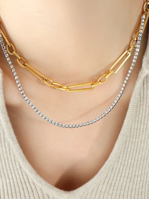 P821 Gold necklace 40+ 2cm Titanium Steel Cubic Zirconia Geometric Vintage Multi Strand Necklace