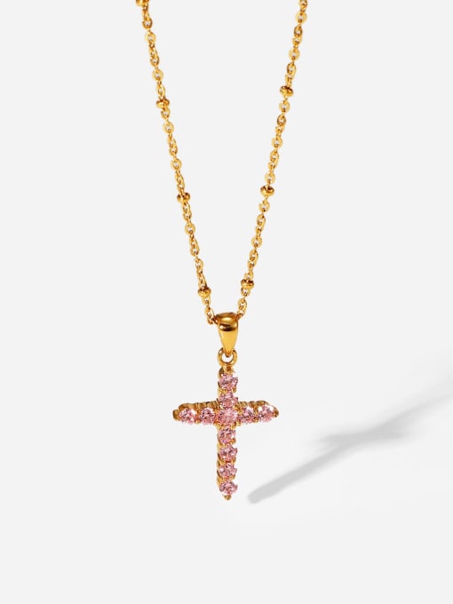 J&D Stainless steel Cubic Zirconia Pink Cross Trend Necklace 0