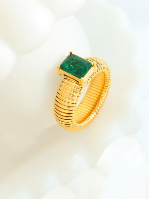 A435 Green Glass Stone Gold Ring Titanium Steel Glass Stone Geometric Minimalist Band Ring