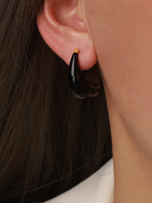 F1373 Black Glazed Earrings Titanium Steel Enamel Water Drop Minimalist Stud Earring