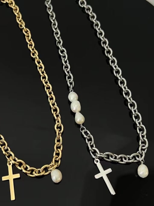 Clioro Stainless steel Freshwater Pearl Cross Trend Link Necklace 1