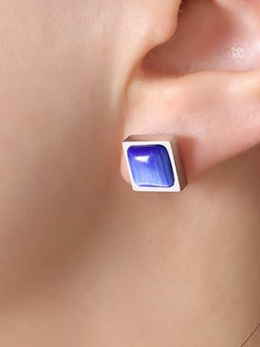 F097 Blue Steel Earrings Titanium Steel Tiger Eye Geometric Minimalist Stud Earring