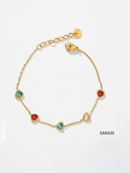 SAK939 golden colored Stainless steel Cubic Zirconia Heart Minimalist Link Bracelet