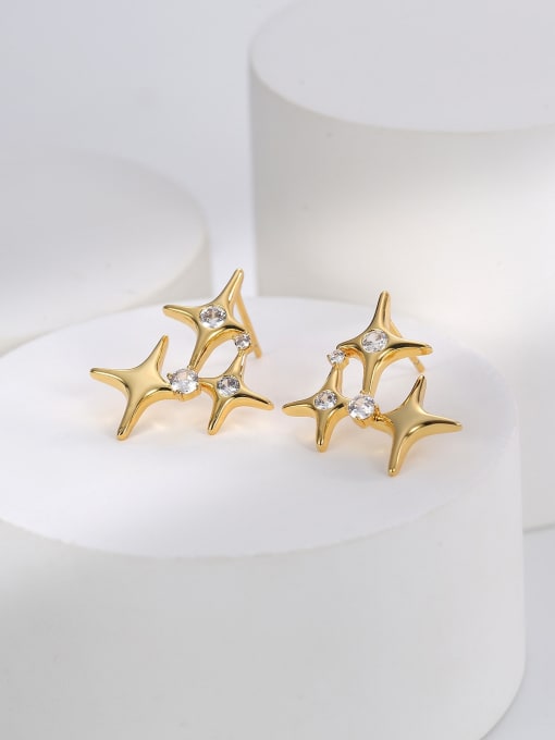 H01040 Gold Brass Rhinestone Star Cross Minimalist Stud Earring