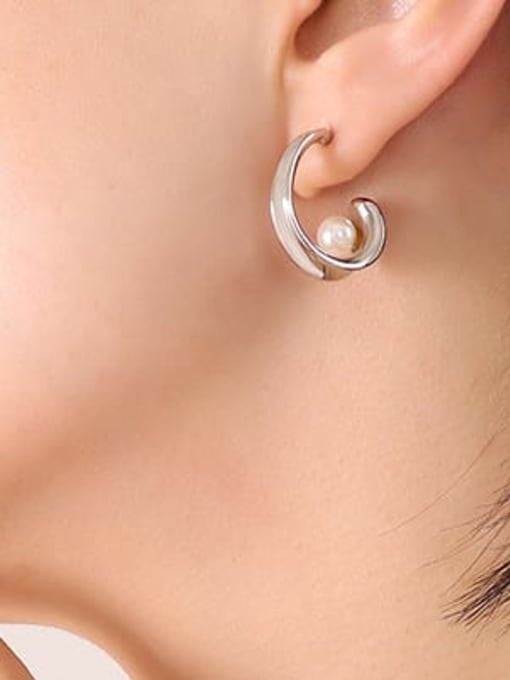F187 steel color large pearl earrings Titanium Steel Imitation Pearl Geometric Minimalist Stud Earring