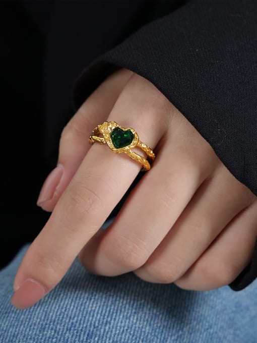 A505 Green Glass Stone Gold Ring Titanium Steel Cubic Zirconia Heart Minimalist Band Ring