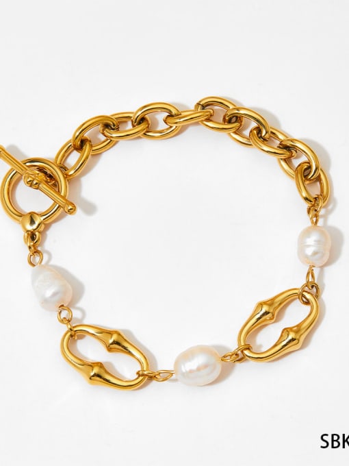 Golden Bracelet SBK512 Trend Geometric Stainless steel Freshwater Pearl Bracelet and Necklace Set