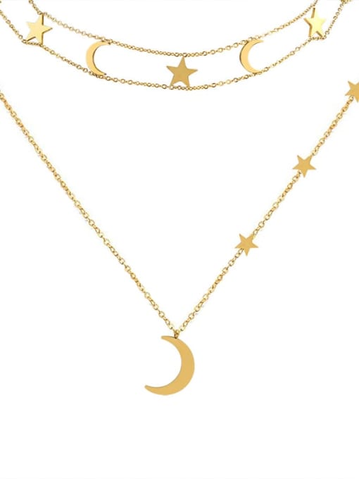 Gold Double necklaces Titanium 316L Stainless Steel Moon Minimalist Multi Strand Necklace with e-coated waterproof