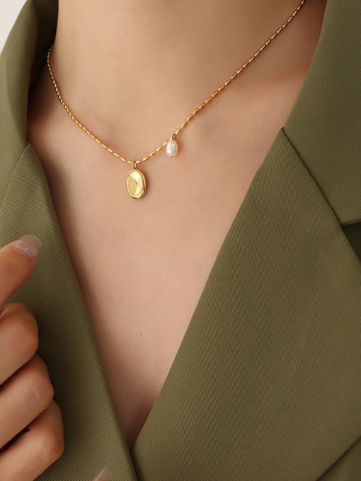 P288 gold necklace 40 +5cm Titanium Steel Imitation Pearl Geometric Vintage Beaded Necklace