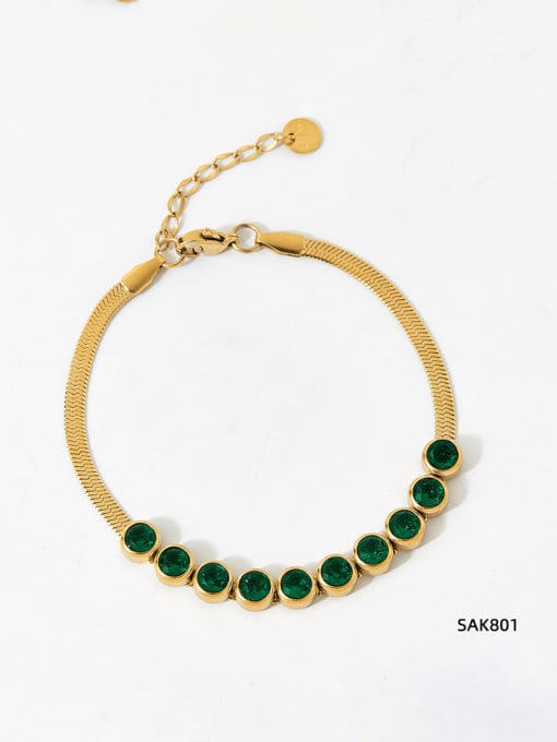 SAK801 Golden Green Stainless steel Cubic Zirconia Geometric Vintage Snake bone chain Link Bracelet