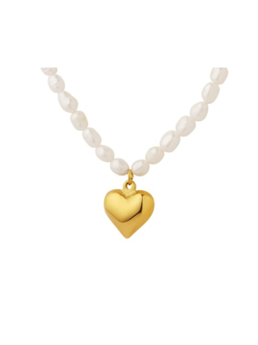P1257  gold 36 +8cm Titanium Steel Freshwater Pearl Heart Vintage Necklace