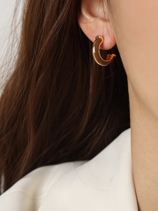 F1113 C-shaped striped brown earrings Titanium Steel Enamel Geometric Minimalist Huggie Earring