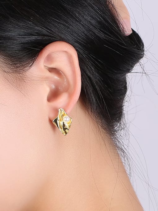 Clioro Brass Imitation Pearl Irregular Vintage Stud Earring 1