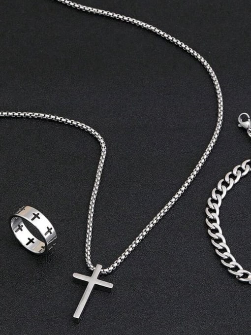 Three piece set in steel color Trend Cross Titanium Steel Ring Bracelet and Necklace Set